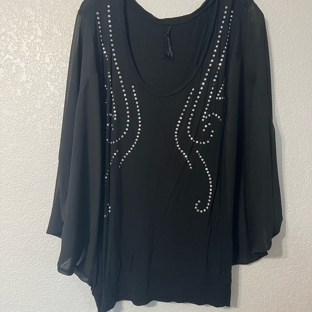 Black Batwing Top with Sheer Sleeves
